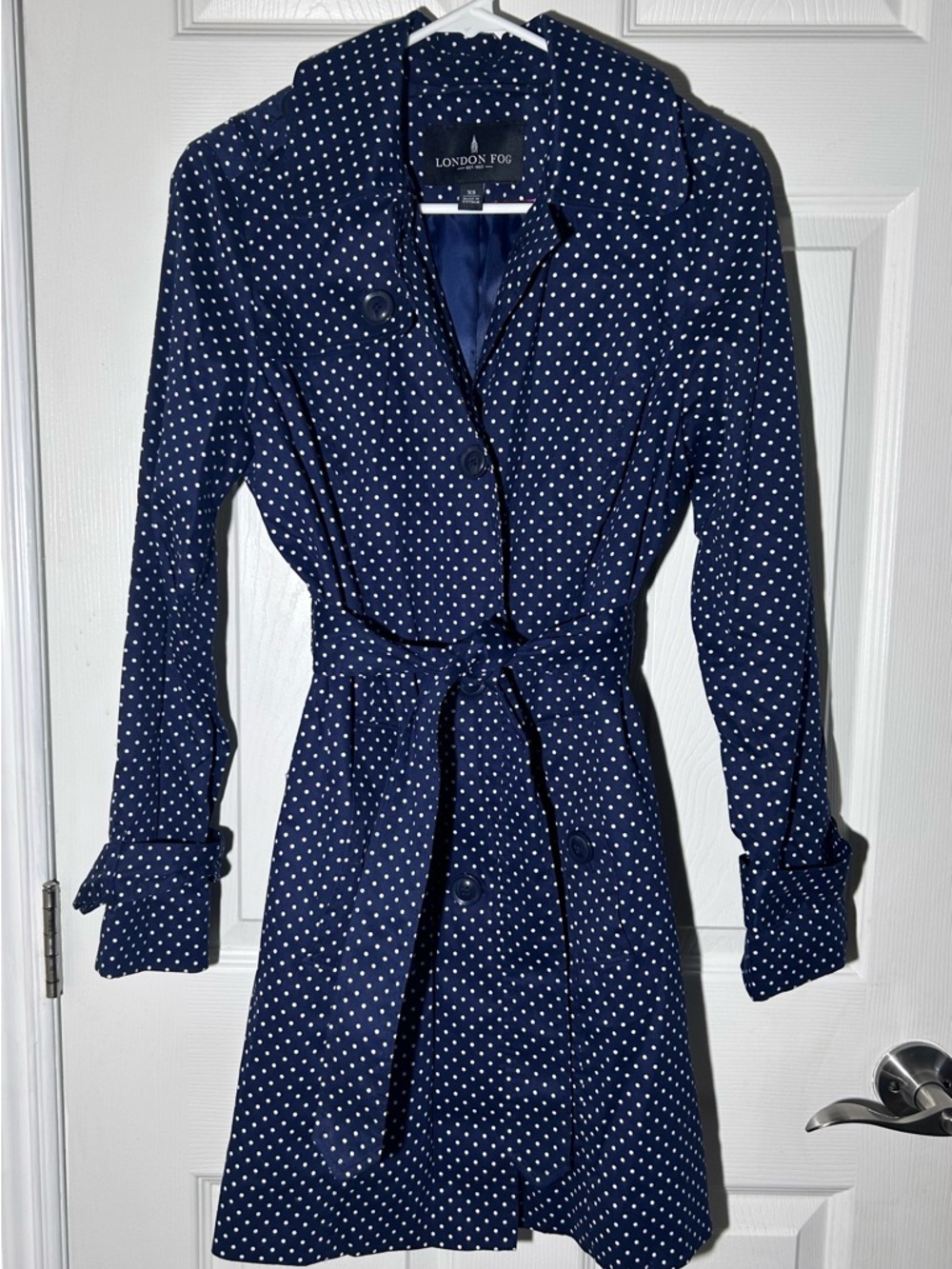 London Fog Classic Belted Mid-LengthNavy Polka Dot Trench Coat Sz XS